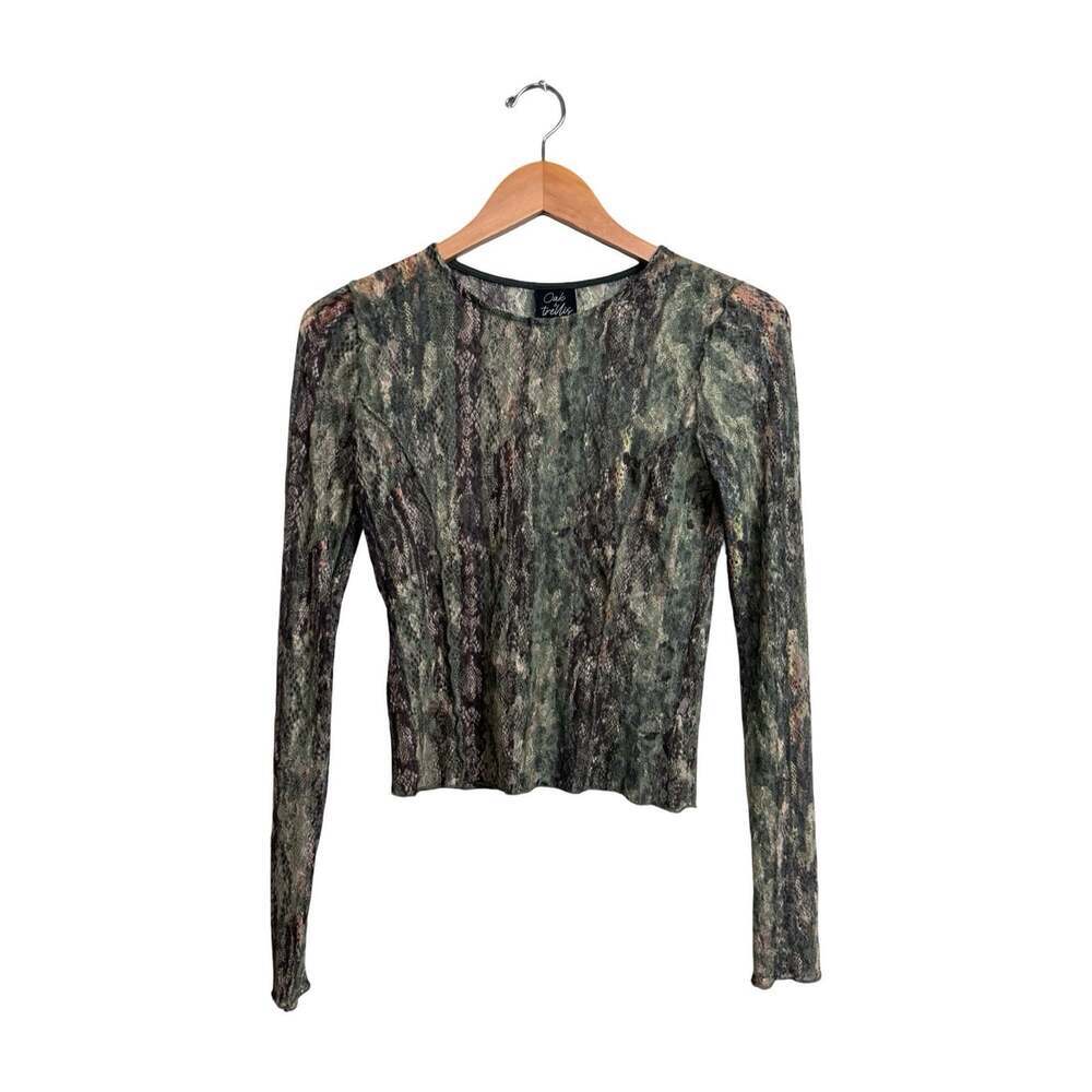 Women’s Camo Sheer Mesh Long Sleeve Top Y2K Grunge Green Brown S